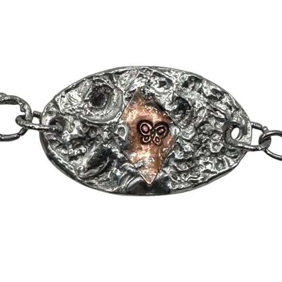 Amber Sea Glass Mixed Metals Butterfly Bracelet w/ Artisan Silver & Copper Cabs - Picture 4 of 15